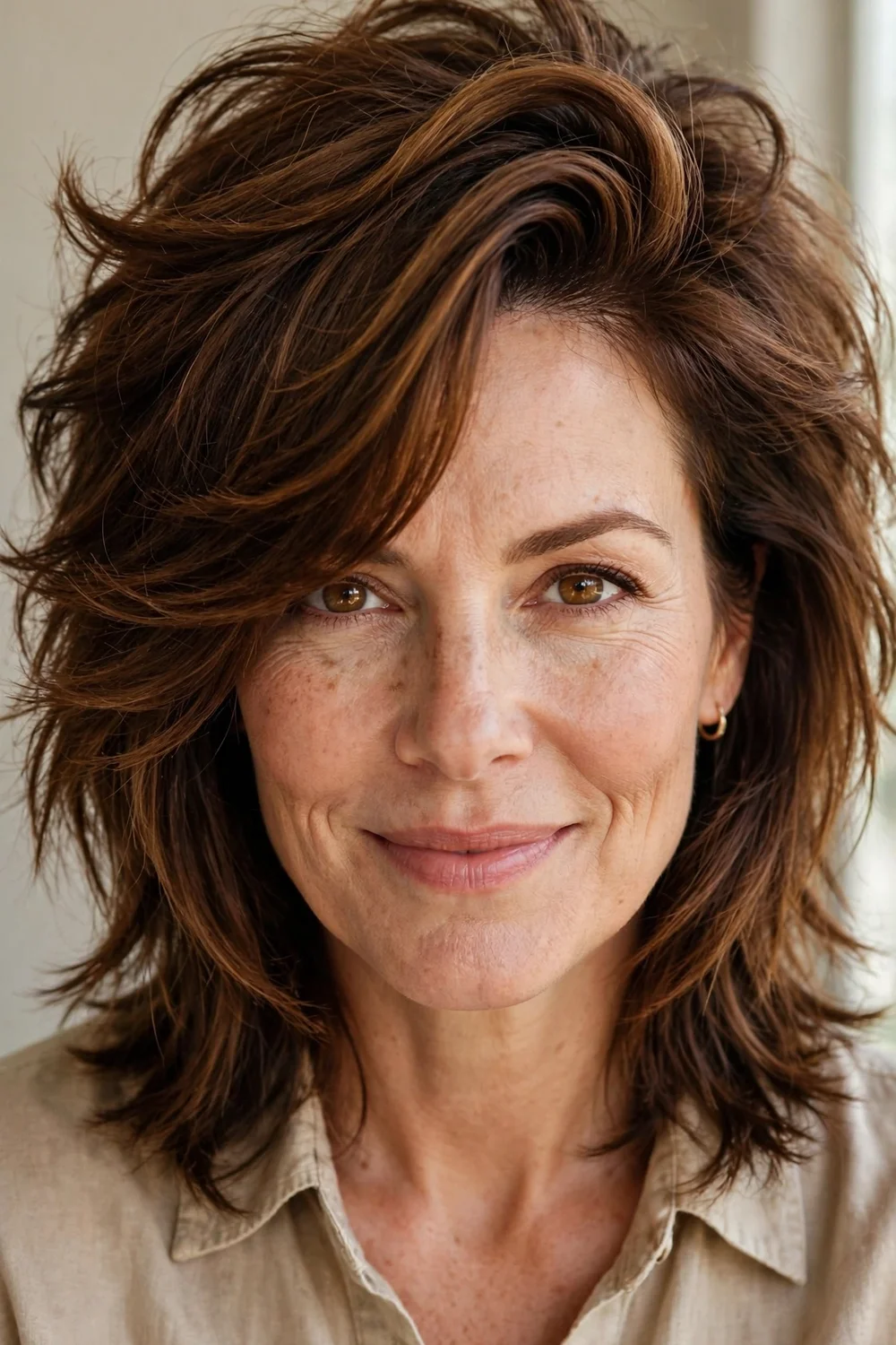 Woman in her 40s with warm brown hair in a shag with a deep side part and instant root lift