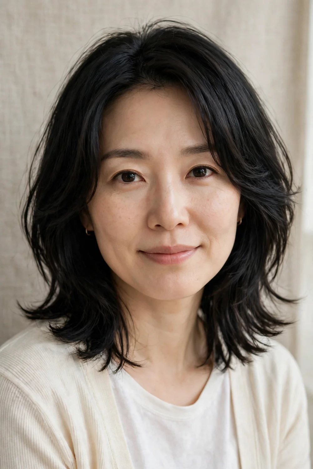 East Asian woman in her 30s with straight black hair in a subtle shag with soft internal layers