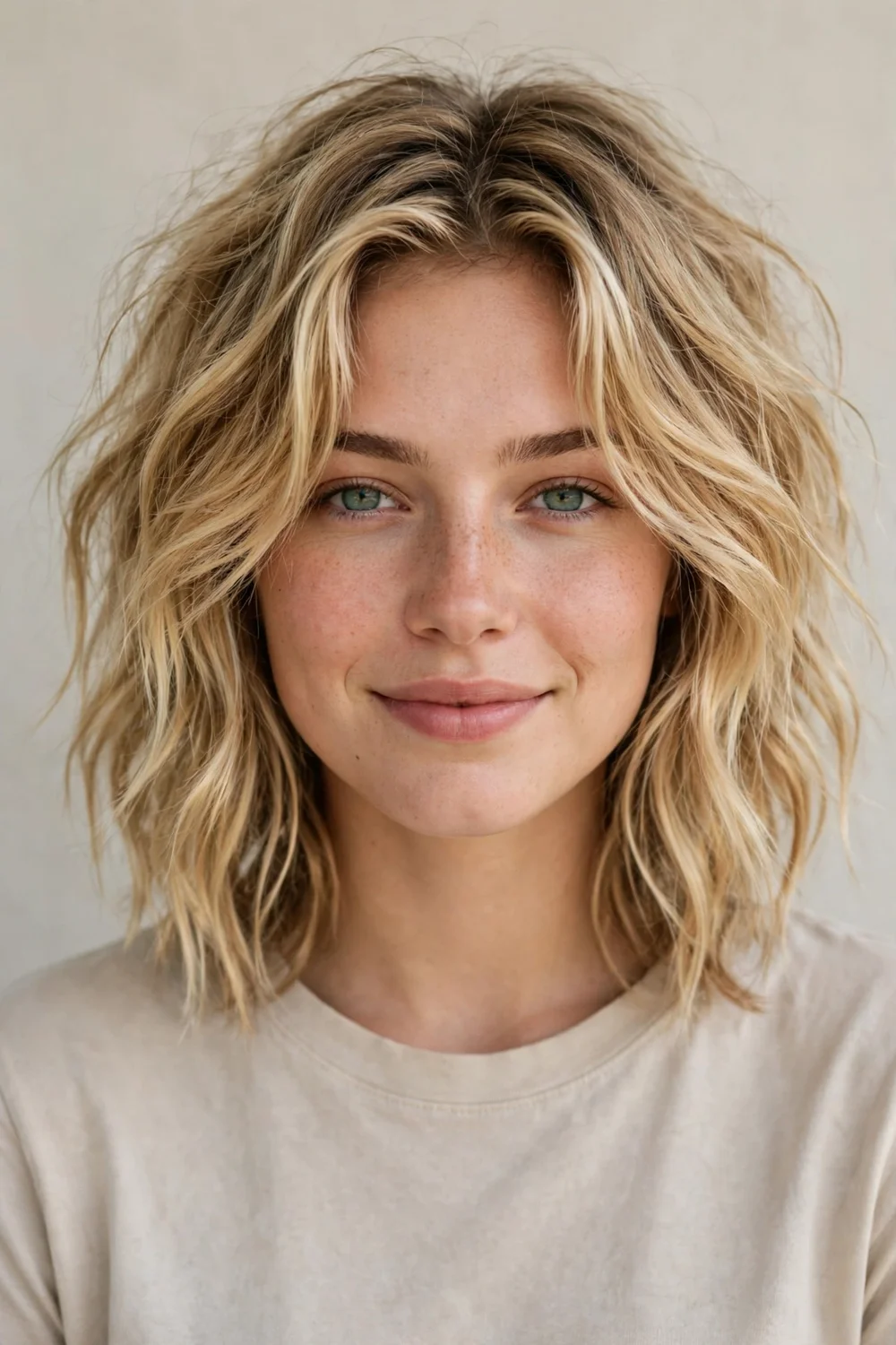 Woman in her 20s with blonde hair in a tousled beachy wavy shag with sun-kissed balayage