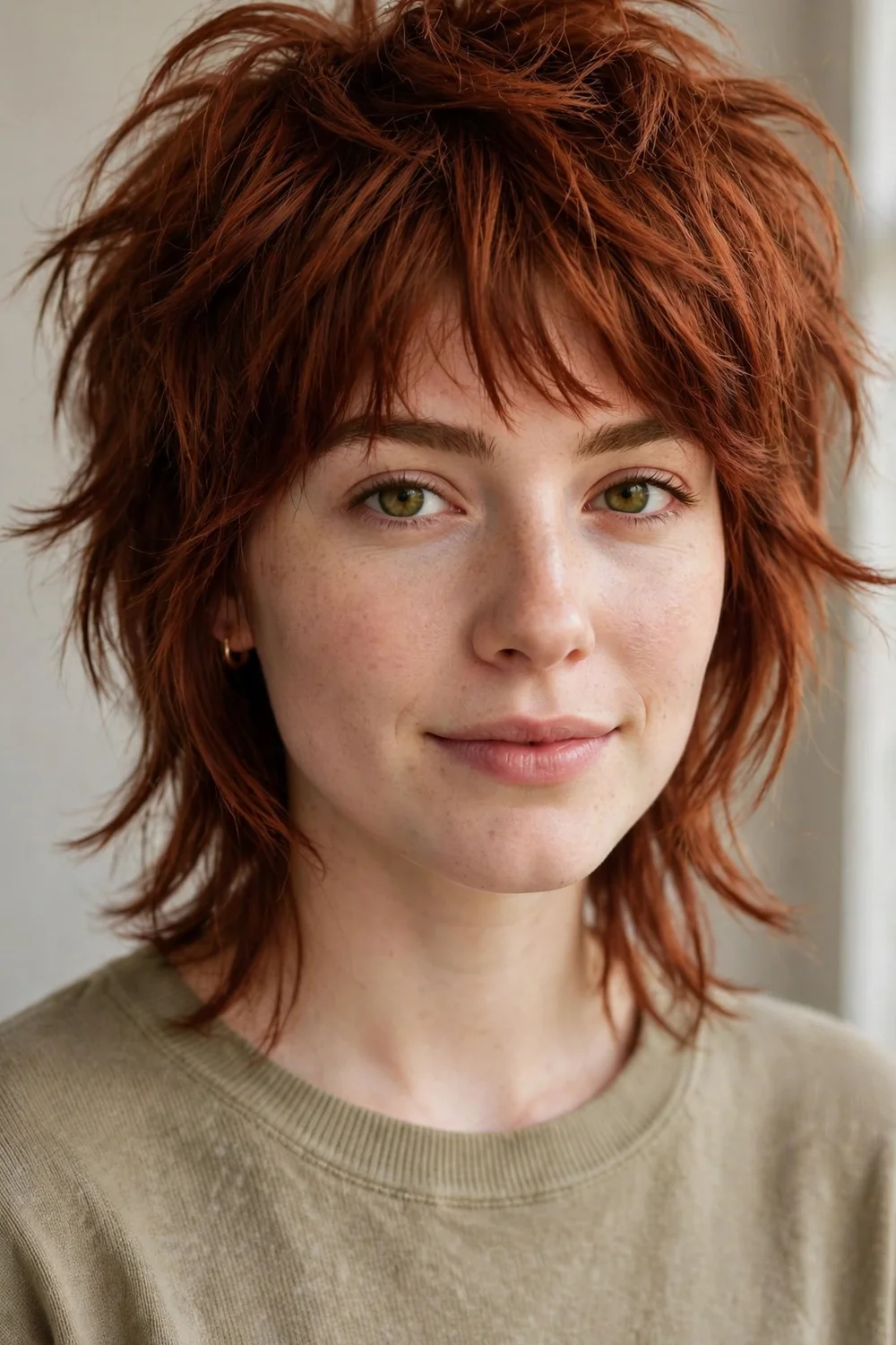 Woman in her 20s with auburn hair in a wolf-inspired shag with heavy crown layers