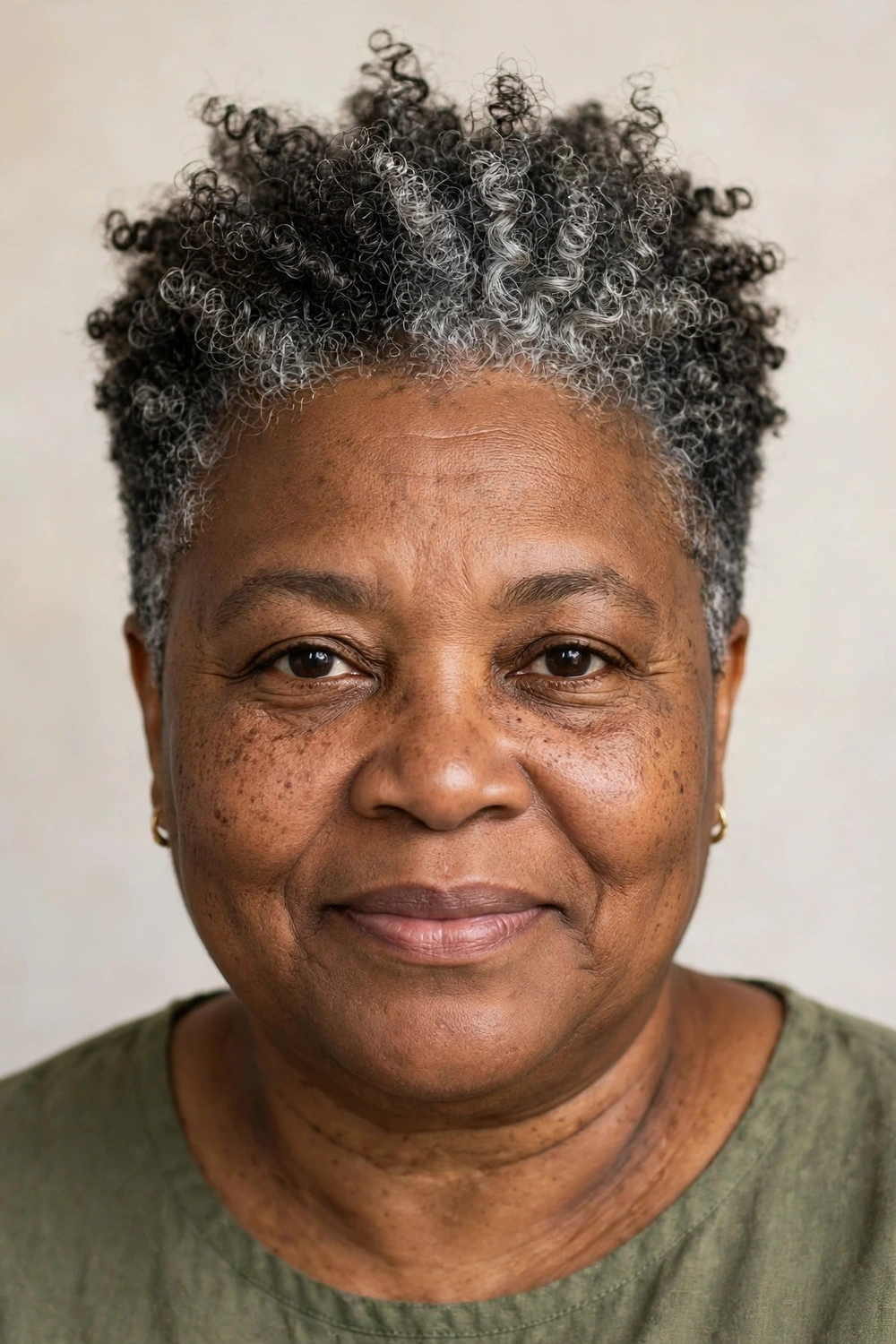 Woman with a round face wearing a short air-dried curly crop with height on top