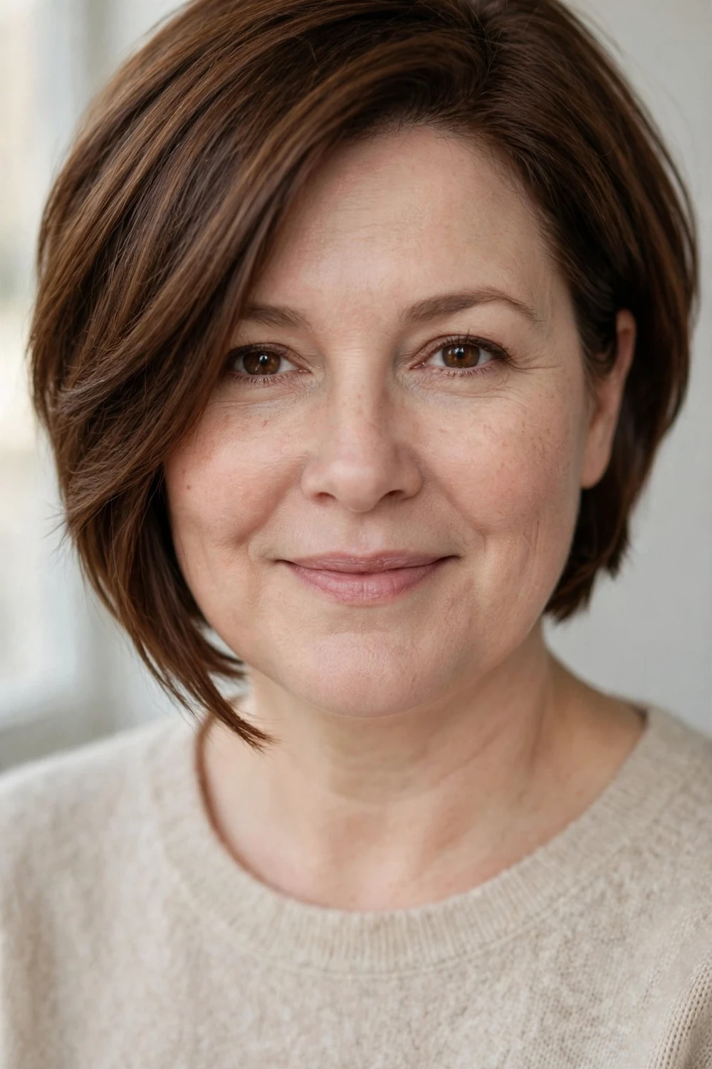 Woman with a round face wearing an asymmetrical A-line bob, one side longer
