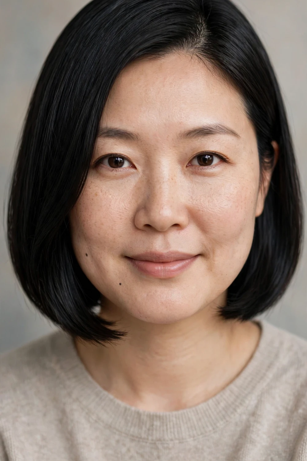 Woman with a round face wearing a chin-length blunt bob with a deep side part