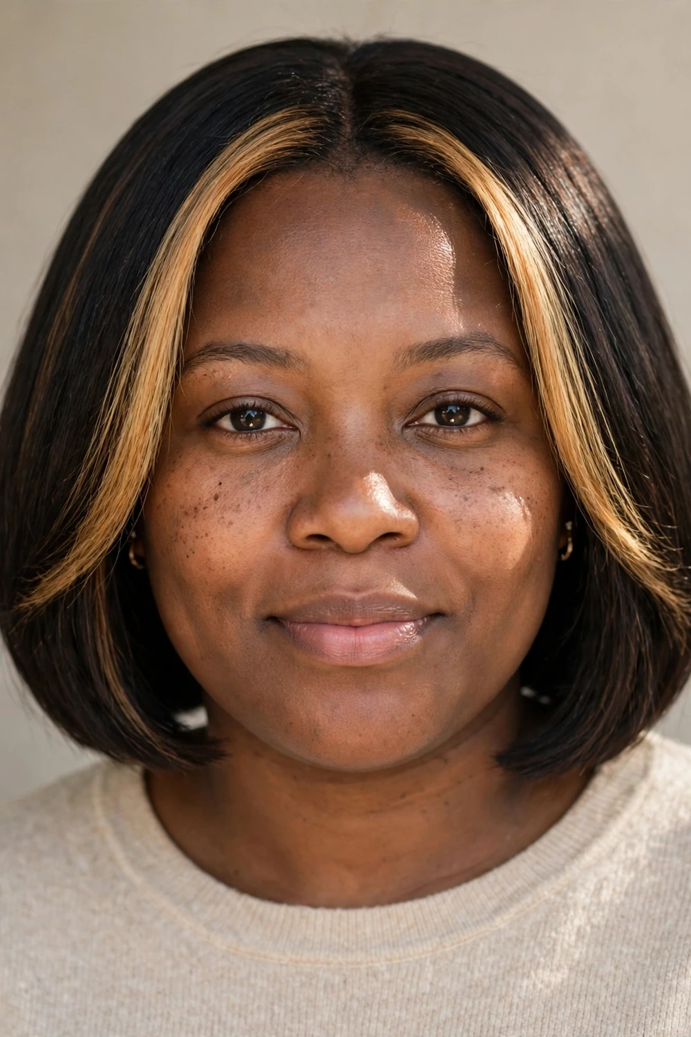 Woman with a round face wearing a chin-length bob with face-framing highlights