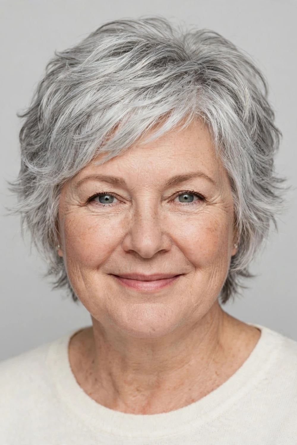 Woman with a round face wearing a feathered pixie-bob with soft wispy layers