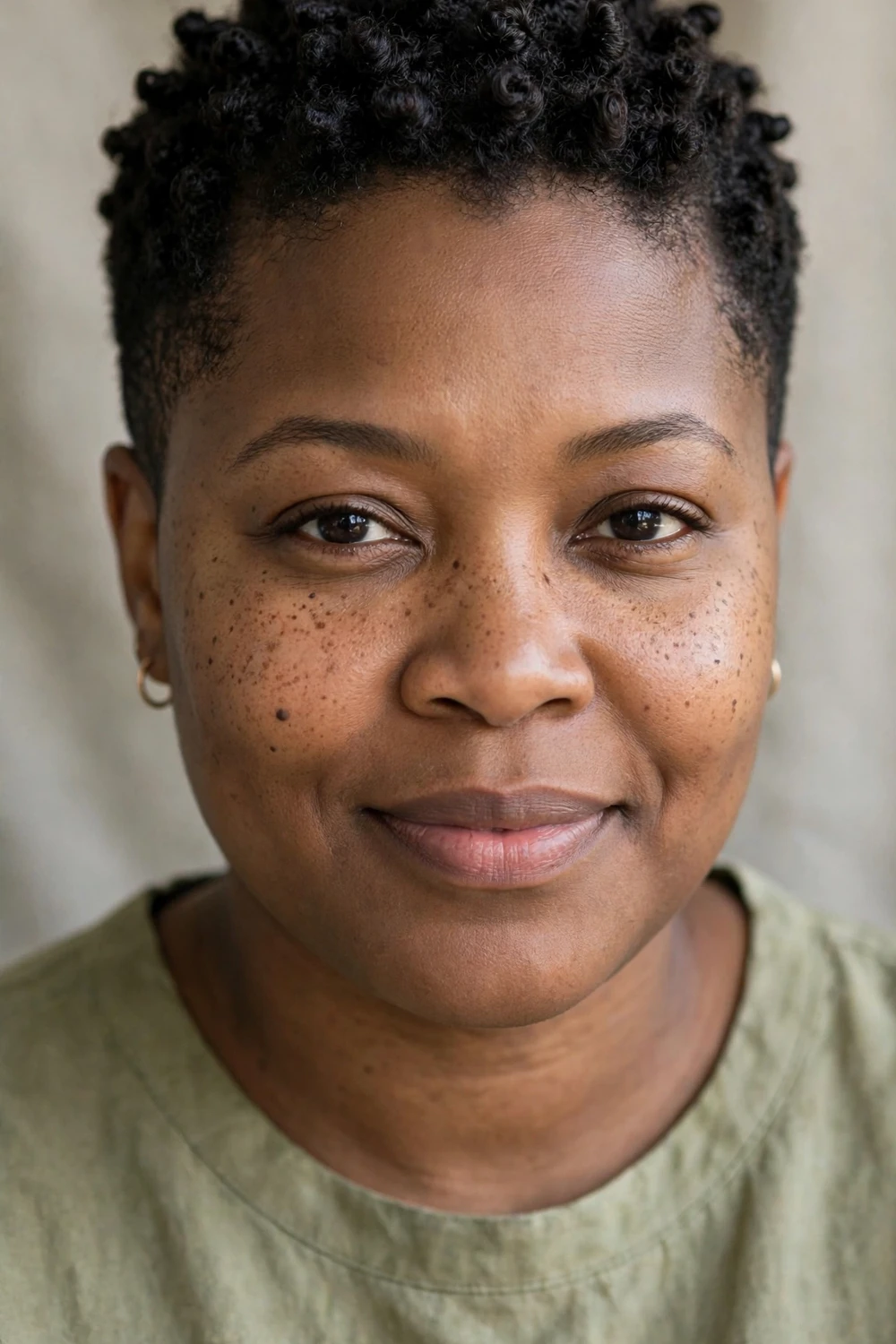 Woman with a round face wearing a short pixie of defined finger coils with tapered sides