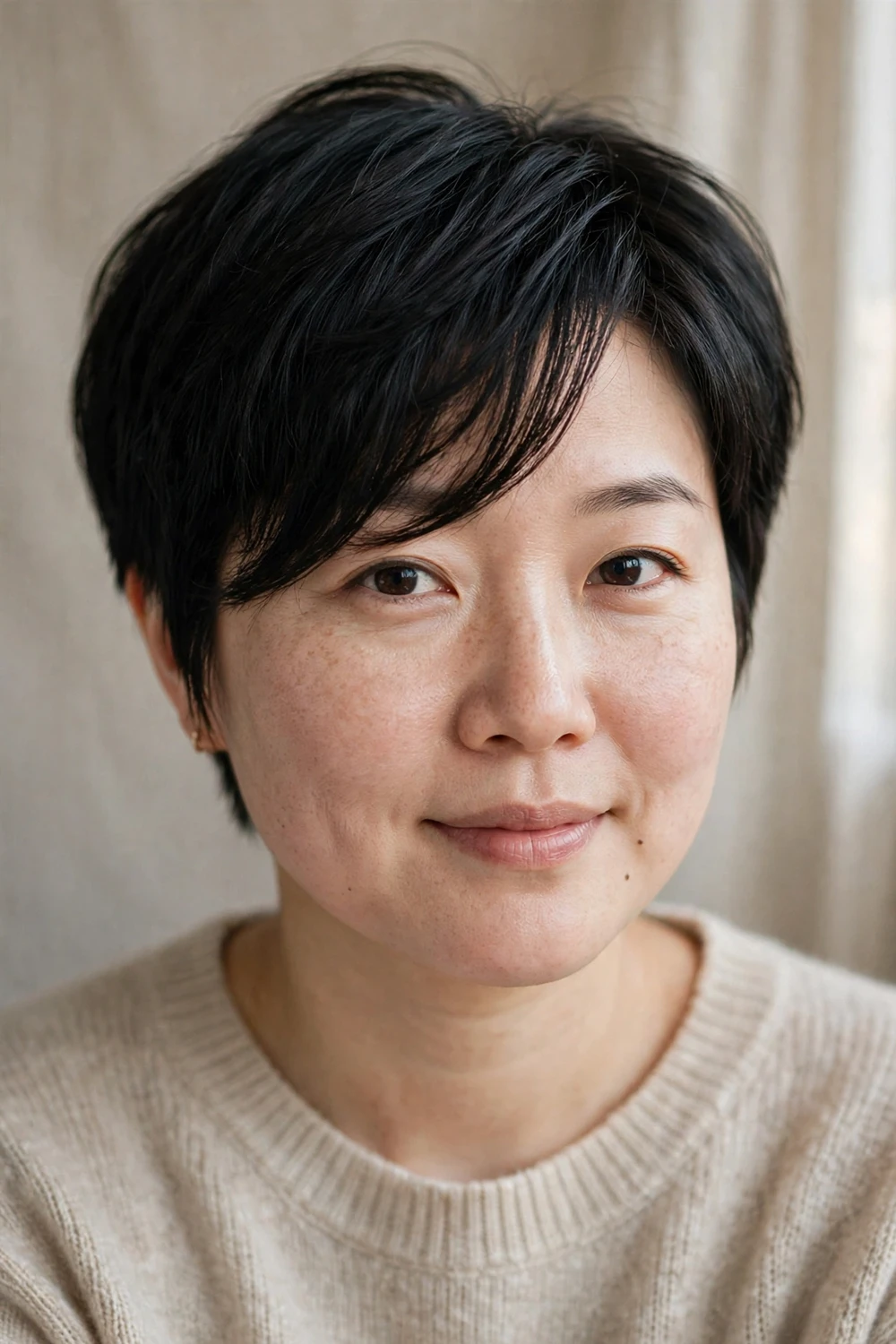 Woman with a round face wearing a pixie with a long fringe swept across the forehead