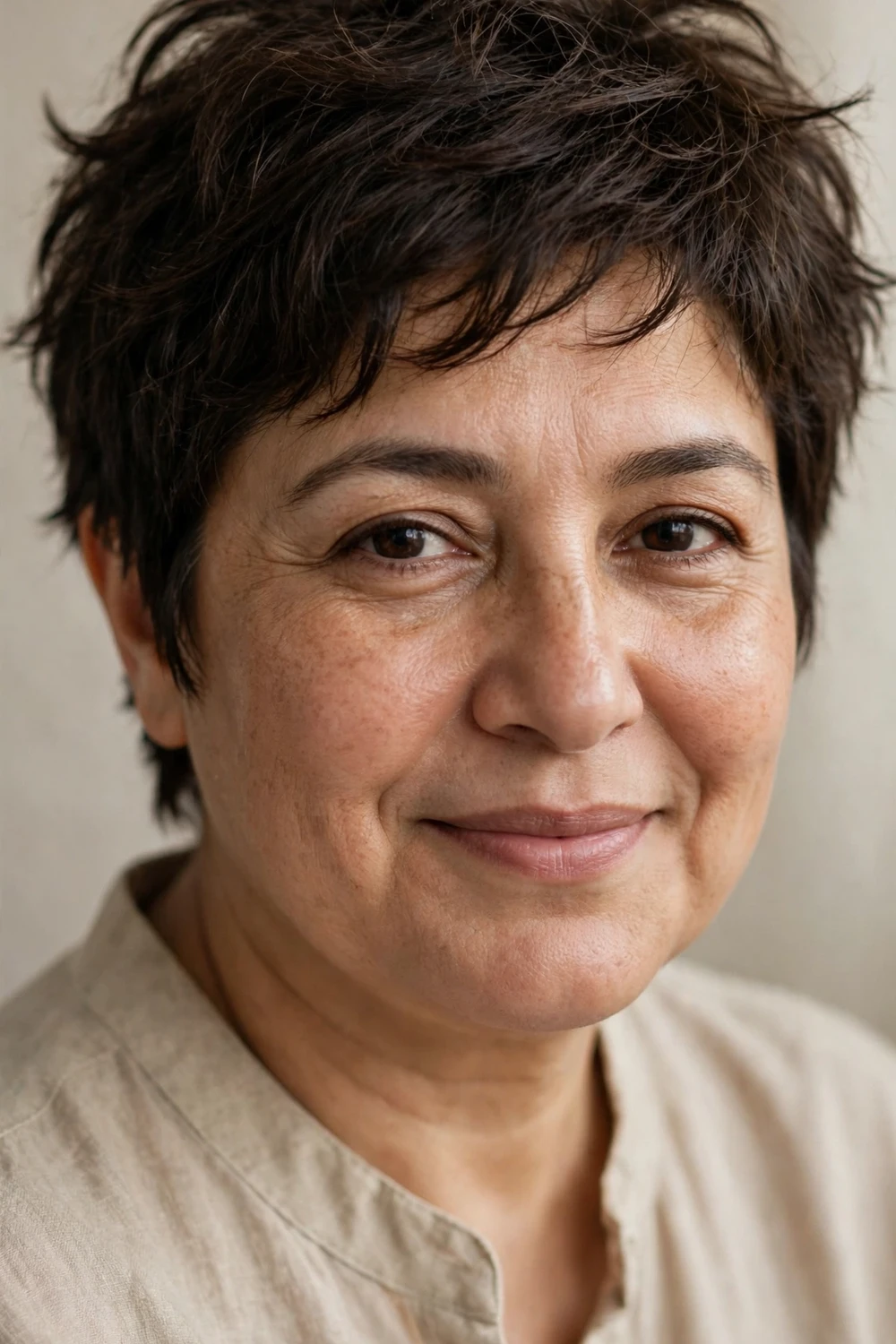 Woman with a round face wearing a messy textured crop with piecey separation
