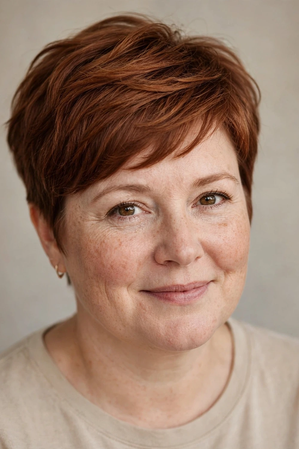 Woman with a round face wearing a piecey pixie with longer layers on top