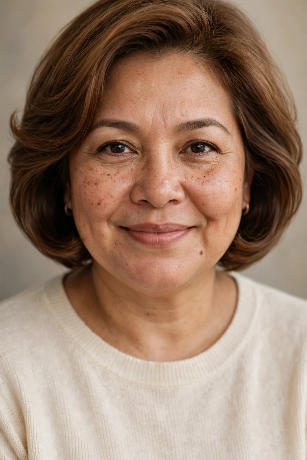 Woman with a round face wearing a rounded bob with lift at the roots