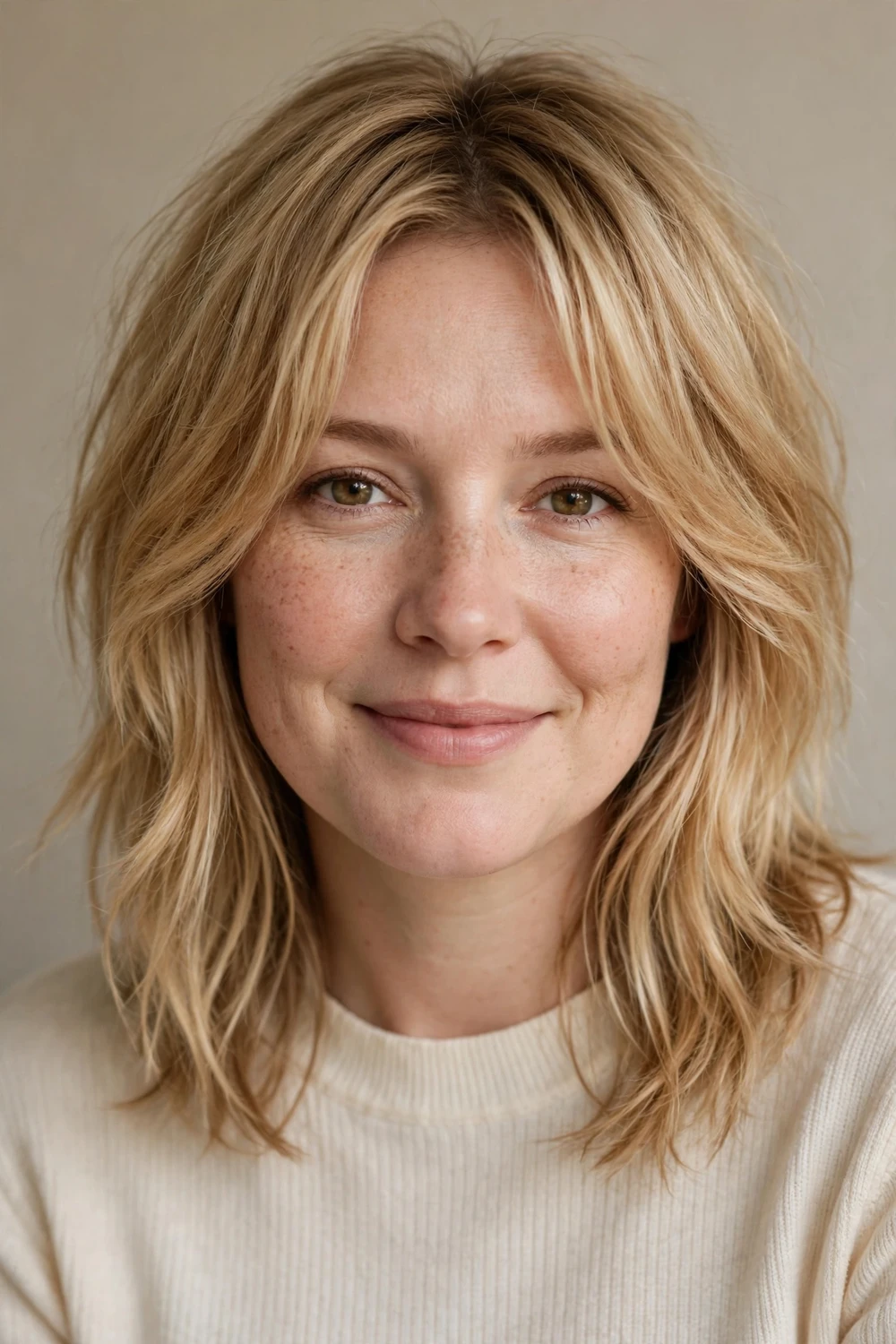 Woman with a round face wearing a shaggy collarbone-length lob with curtain layers