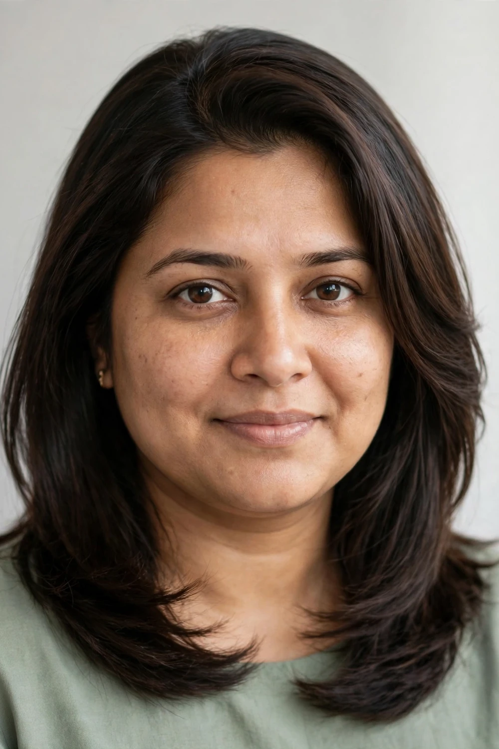 Woman with a round face wearing a side-parted collarbone-length lob with long layers