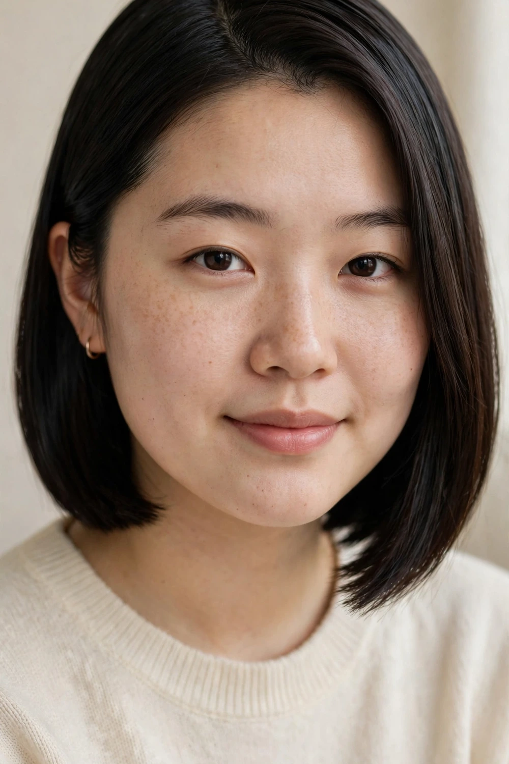 Woman with a round face wearing a sleek straight bob with a deep side part