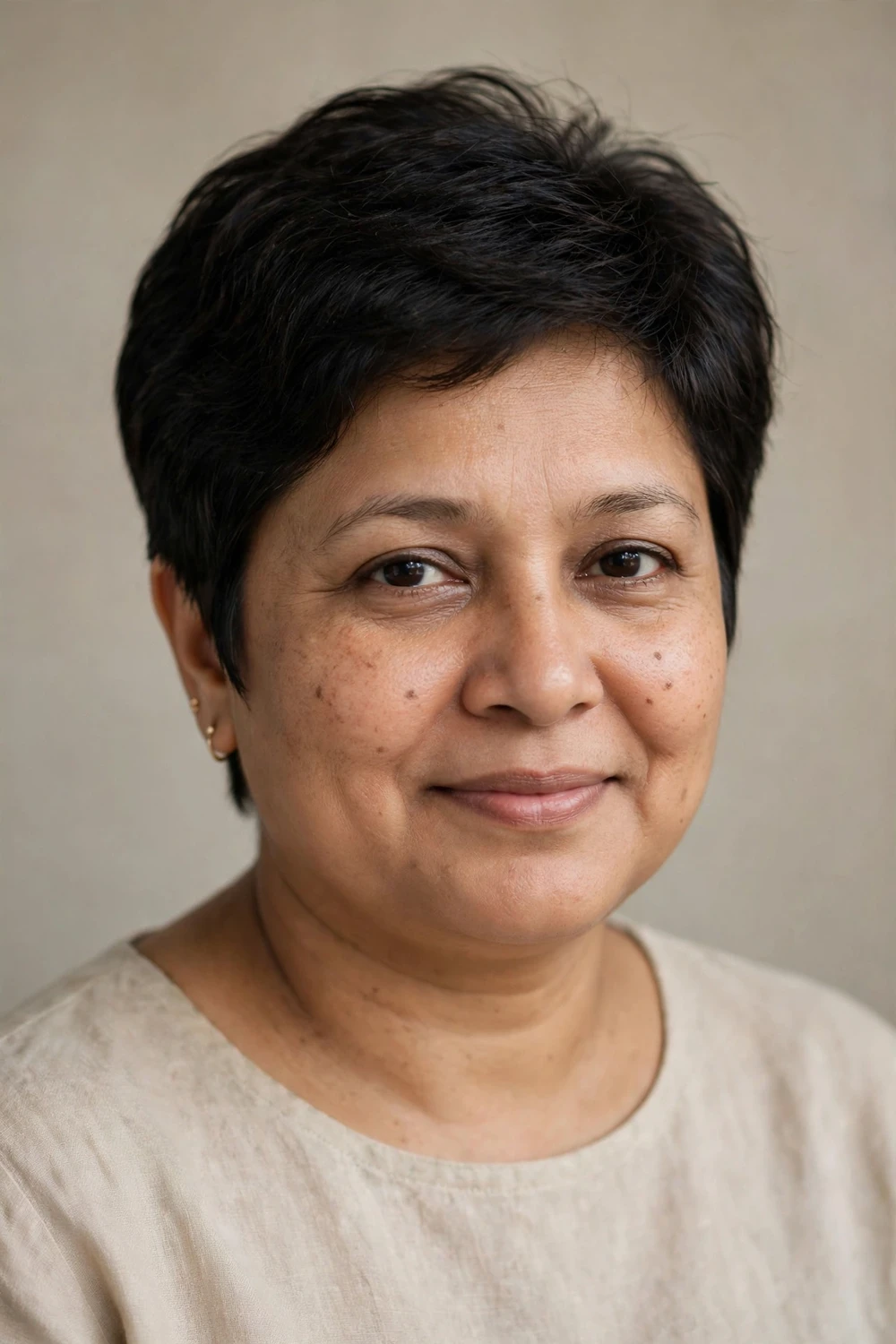 Woman with a round face wearing a pixie with a clean tapered nape and fuller top