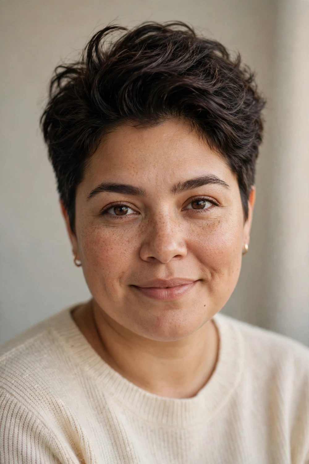 Woman with a round face wearing a textured pixie with volume at the crown