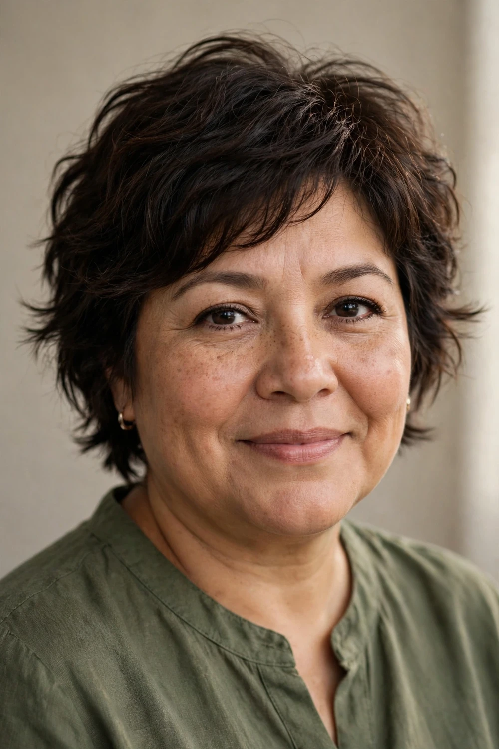 Woman with a round face wearing a tousled bixie with choppy ends at the nape