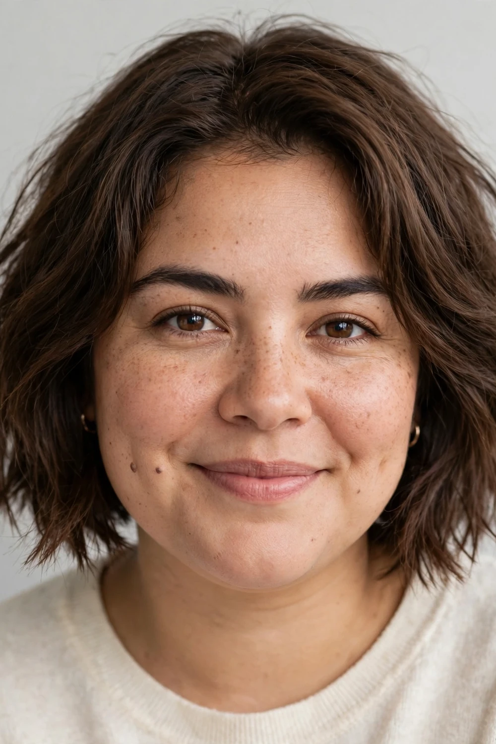 Woman with a round face wearing an undone choppy bob with textured ends