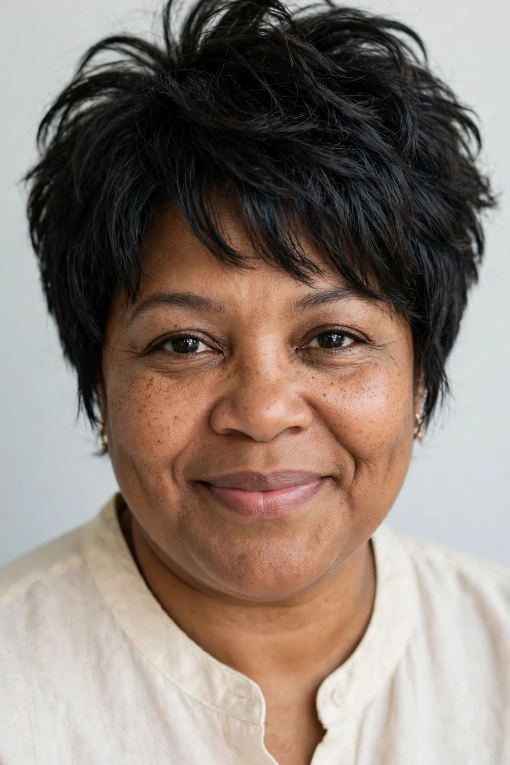 Woman with a round face wearing a short shag with volume built at the crown