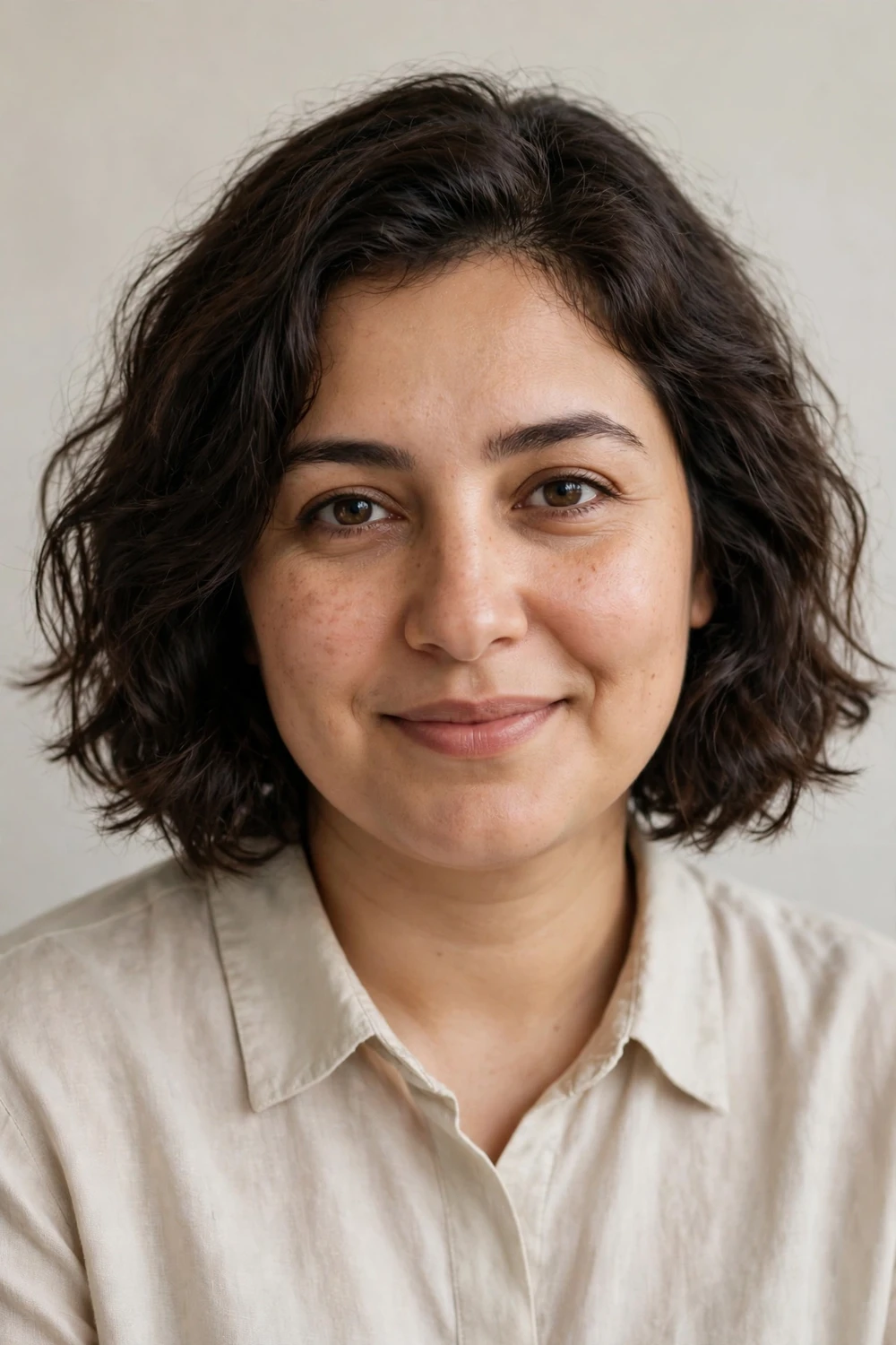 Woman with a round face wearing an air-dried wavy chin-length bob
