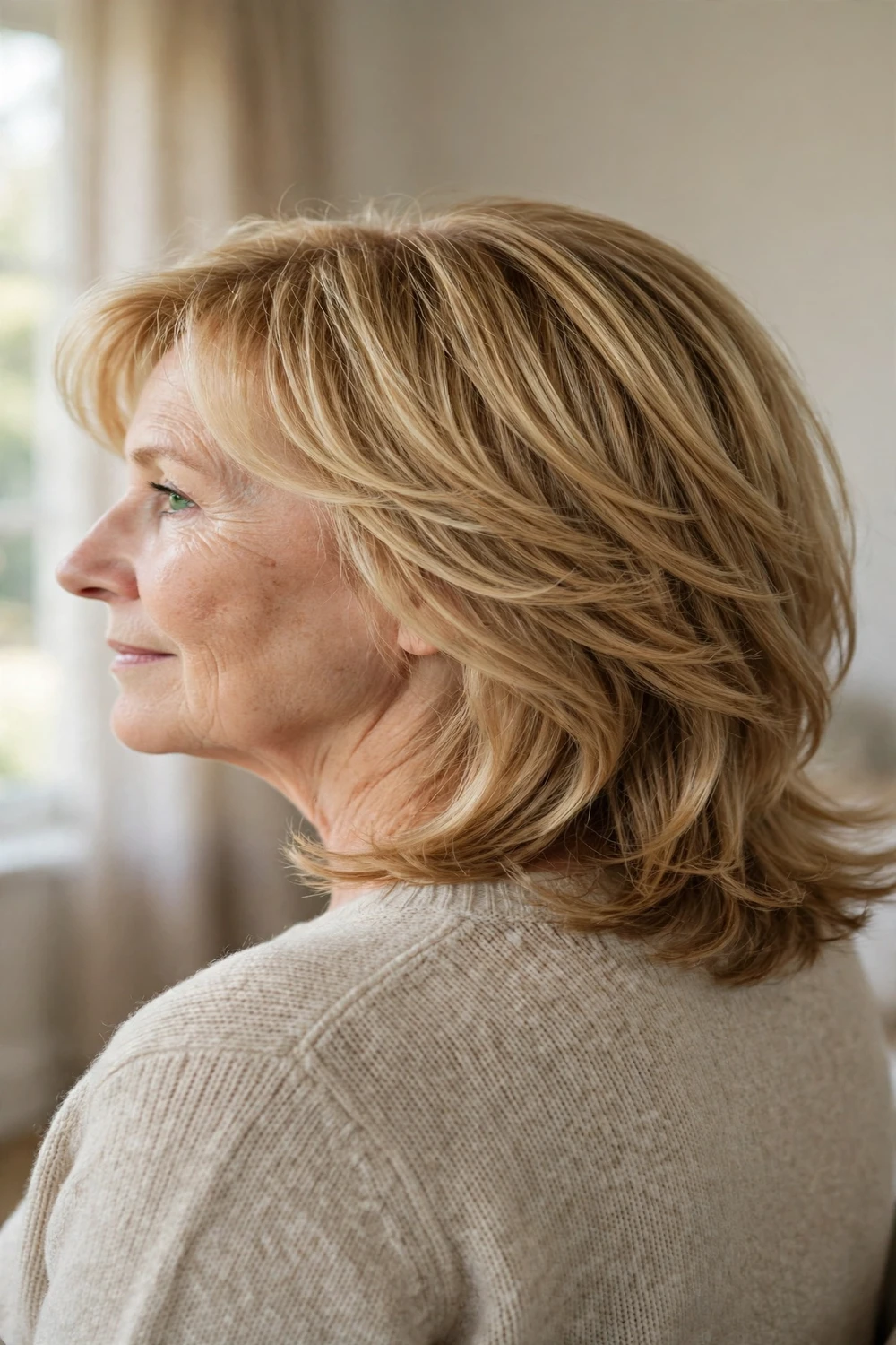 Shoulder-length layered haircut on a woman over 50 with fine hair