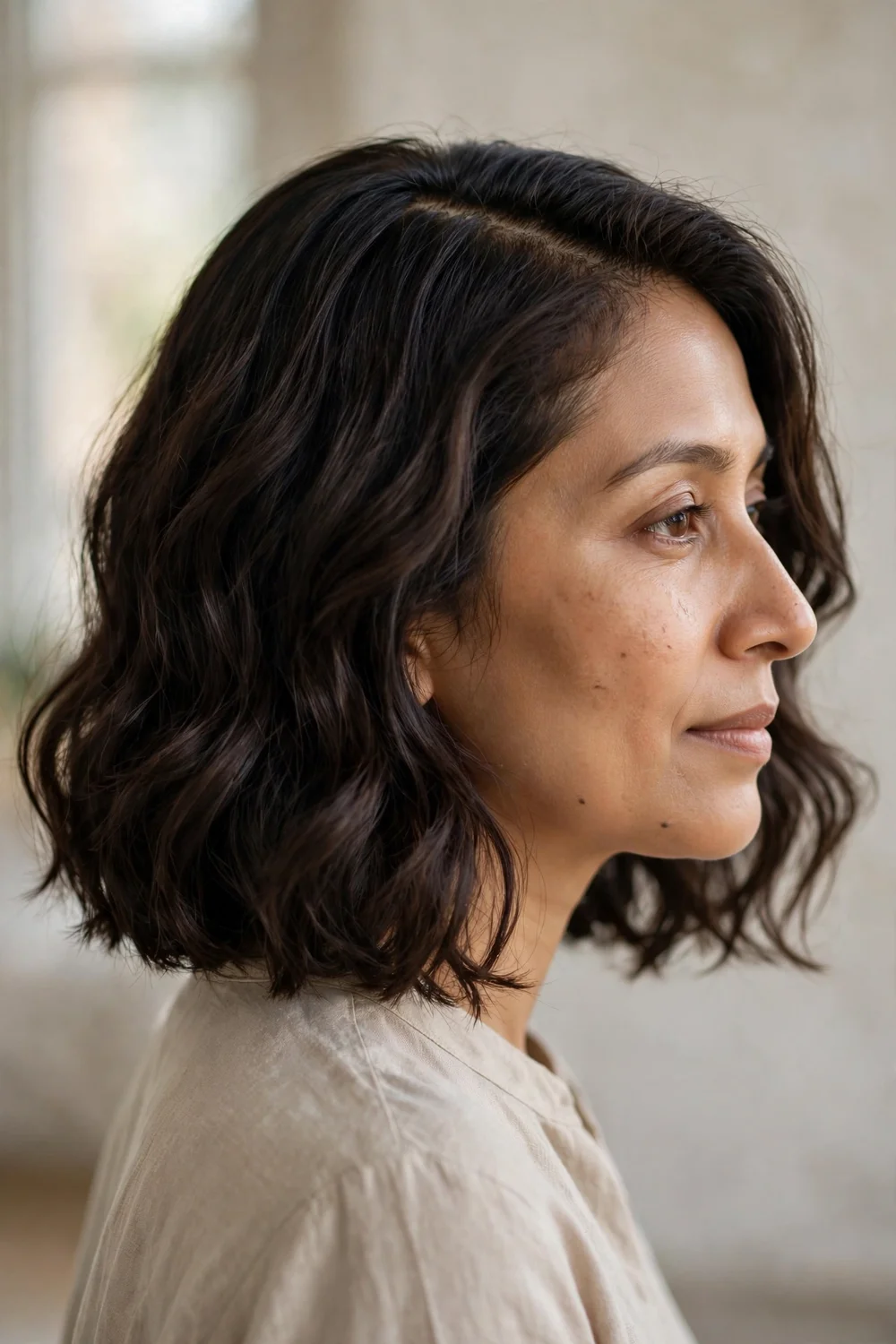 Side-parted wavy bob with loose waves and a light blonde shade