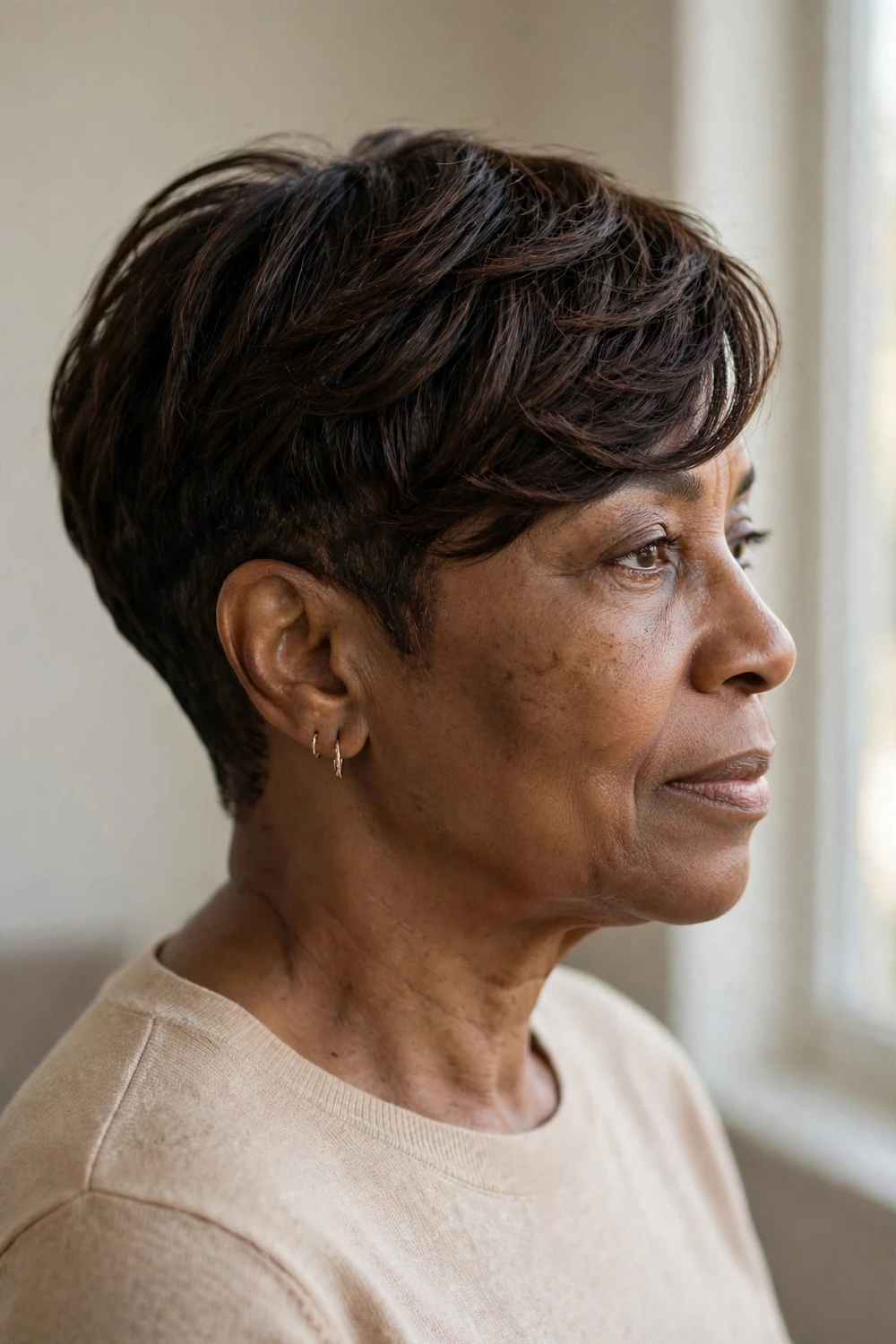 Side-swept pixie with longer top layers on a woman over 50