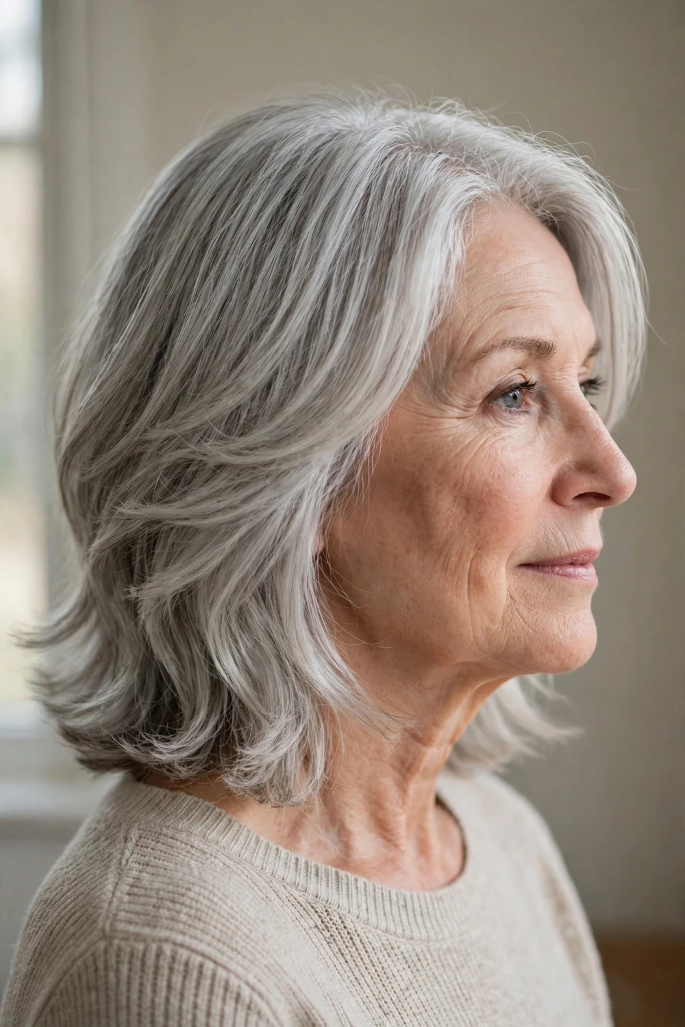 Silver lob with feathered side parting on a woman over 50