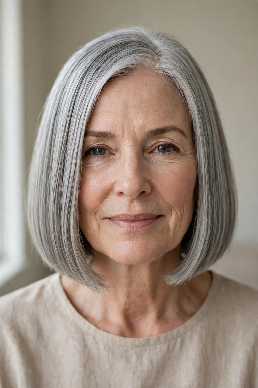 Sleek blunt bob with gray blending highlights on a woman over 50