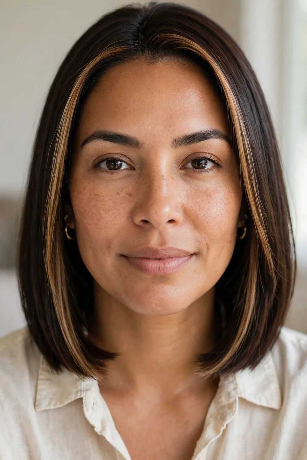 Sleek straight lob with bright face-framing money piece highlights