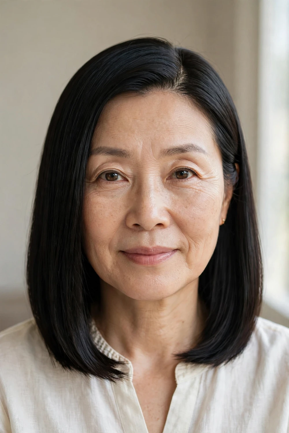 Sleek straight lob with deep side part on a woman over 50