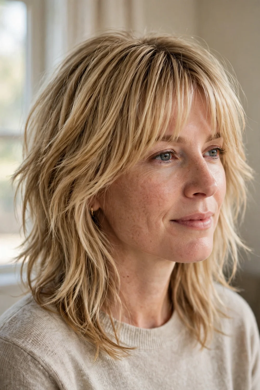 Soft shag haircut with curtain bangs framing the face