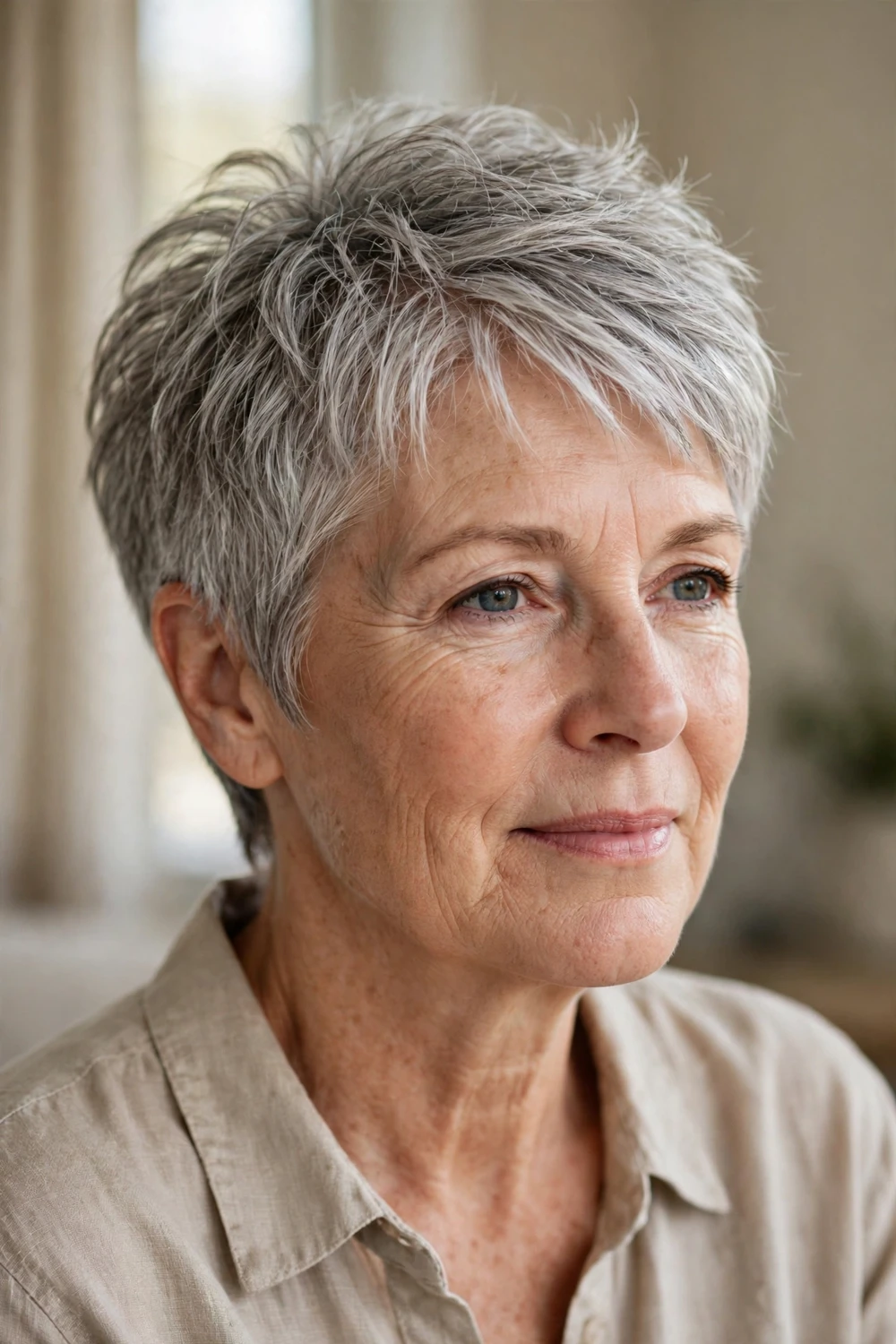 Soft textured pixie haircut on a woman over 50 with fine silver-gray hair