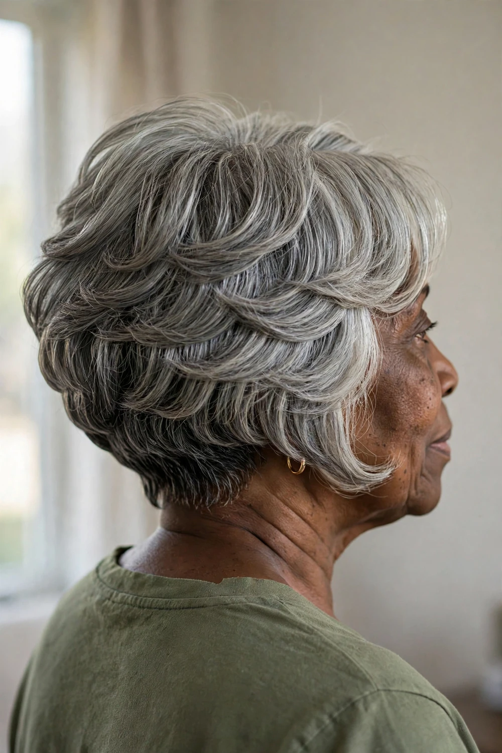 Stacked bob with graduated layers at the back on a woman over 50