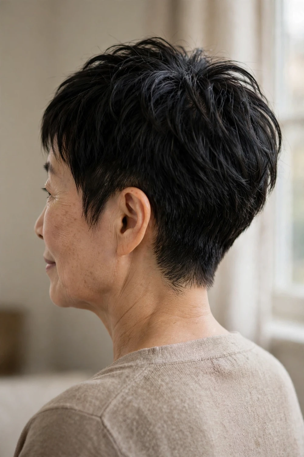 Tapered pixie with choppy crown layers on a woman over 50