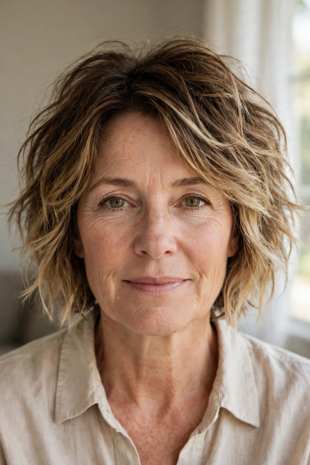 Textured messy bob with ombre color on a woman over 50
