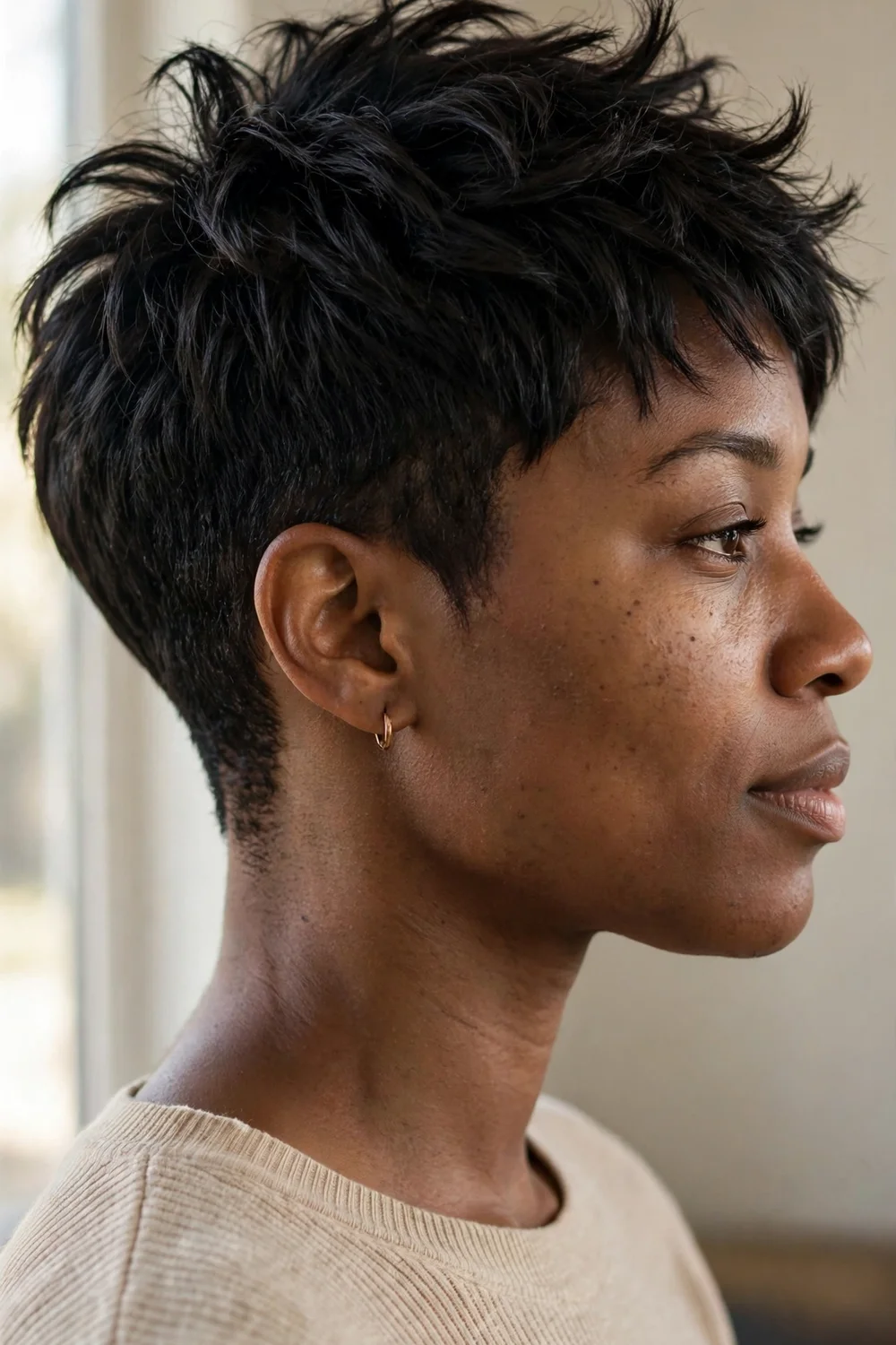 Textured pixie cut with piecey layers on top
