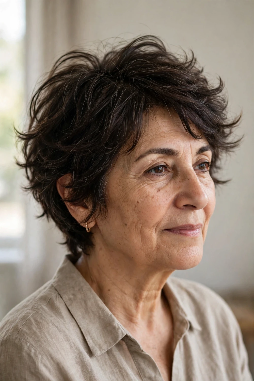 Tousled bixie haircut with airy layers on a woman over 50