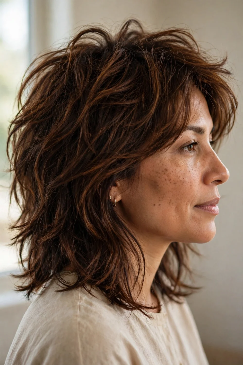 Tousled medium-length shag with feathered layers