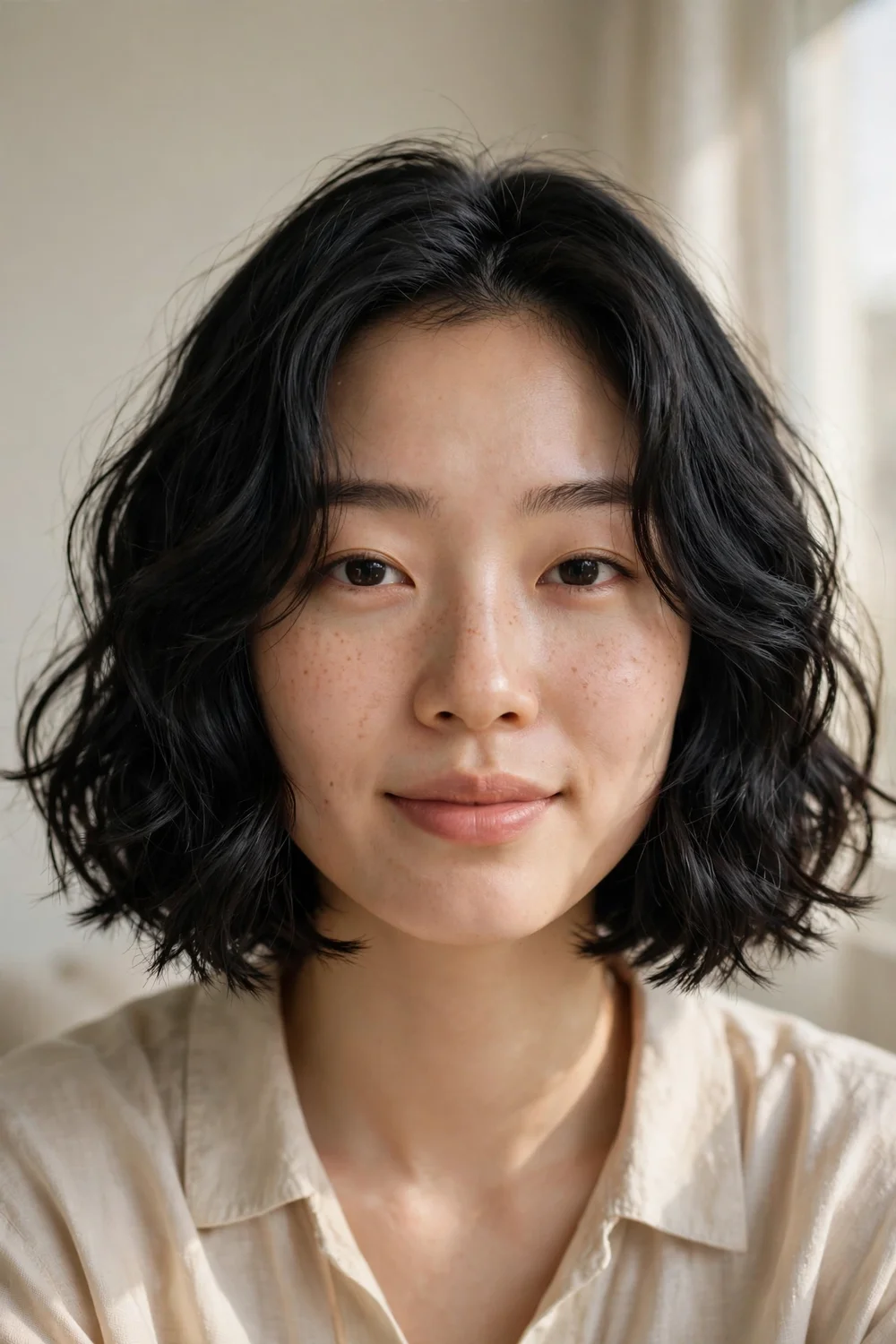 Wavy French bob at chin length with natural undone waves
