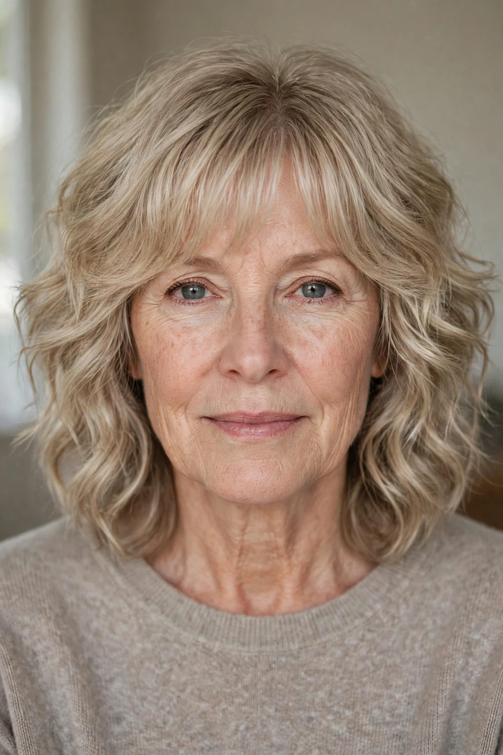 Wavy shag with side-swept curtain bangs on a woman over 50