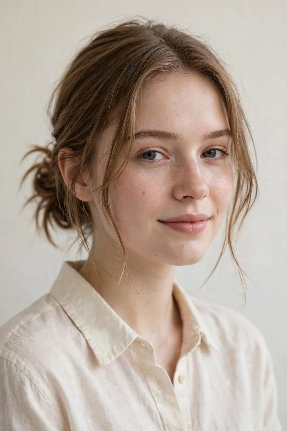 Woman in her twenties with a light brown lob gathered into a low loose bun