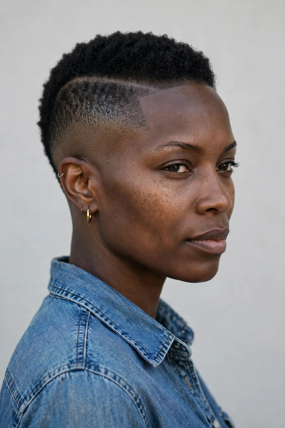 Black woman with a low mohawk fade, sides faded with a defined strip of hair on top