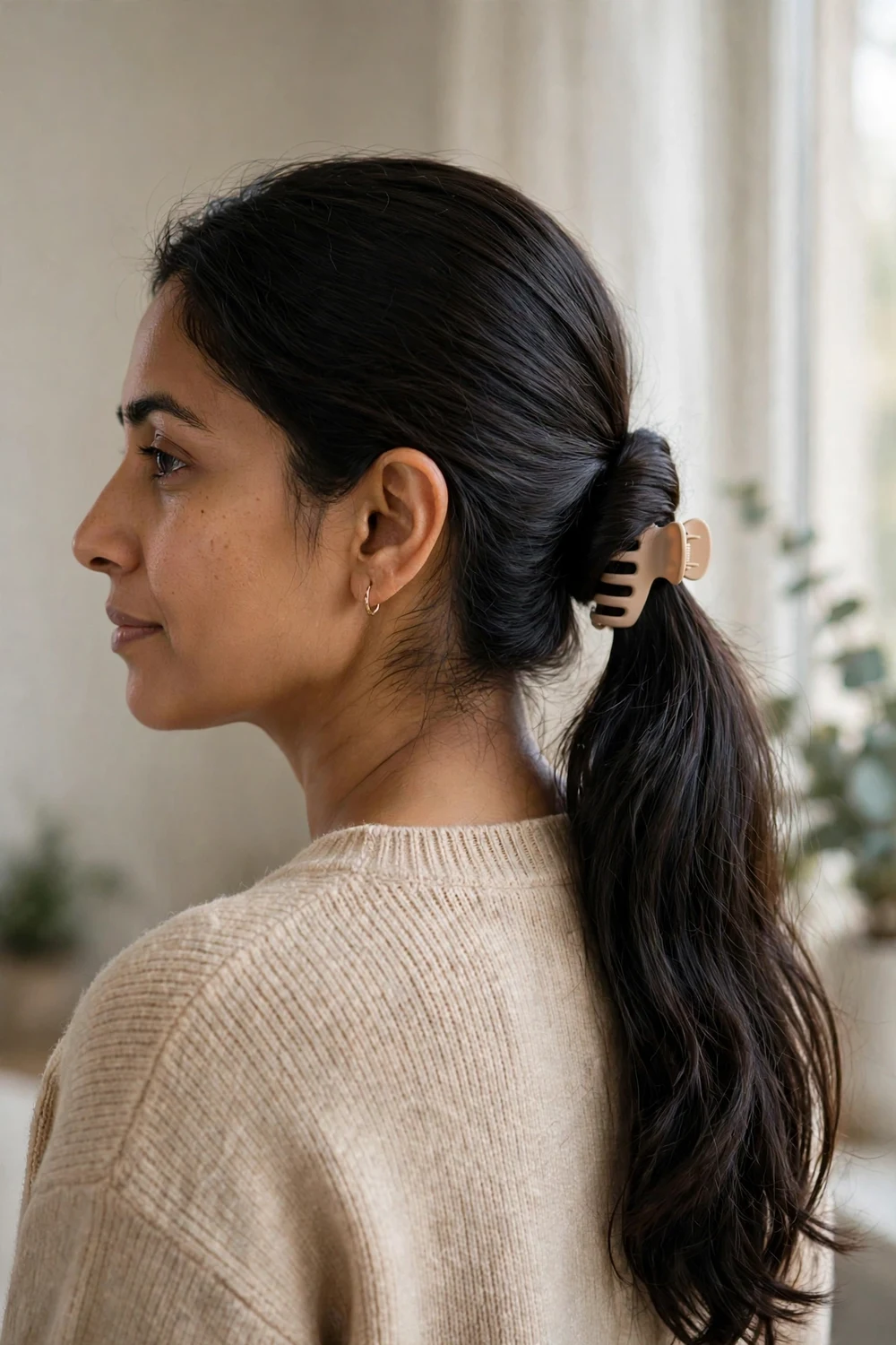 Woman with black long hair in a low ponytail with the base wrapped and held by a small nude claw clip