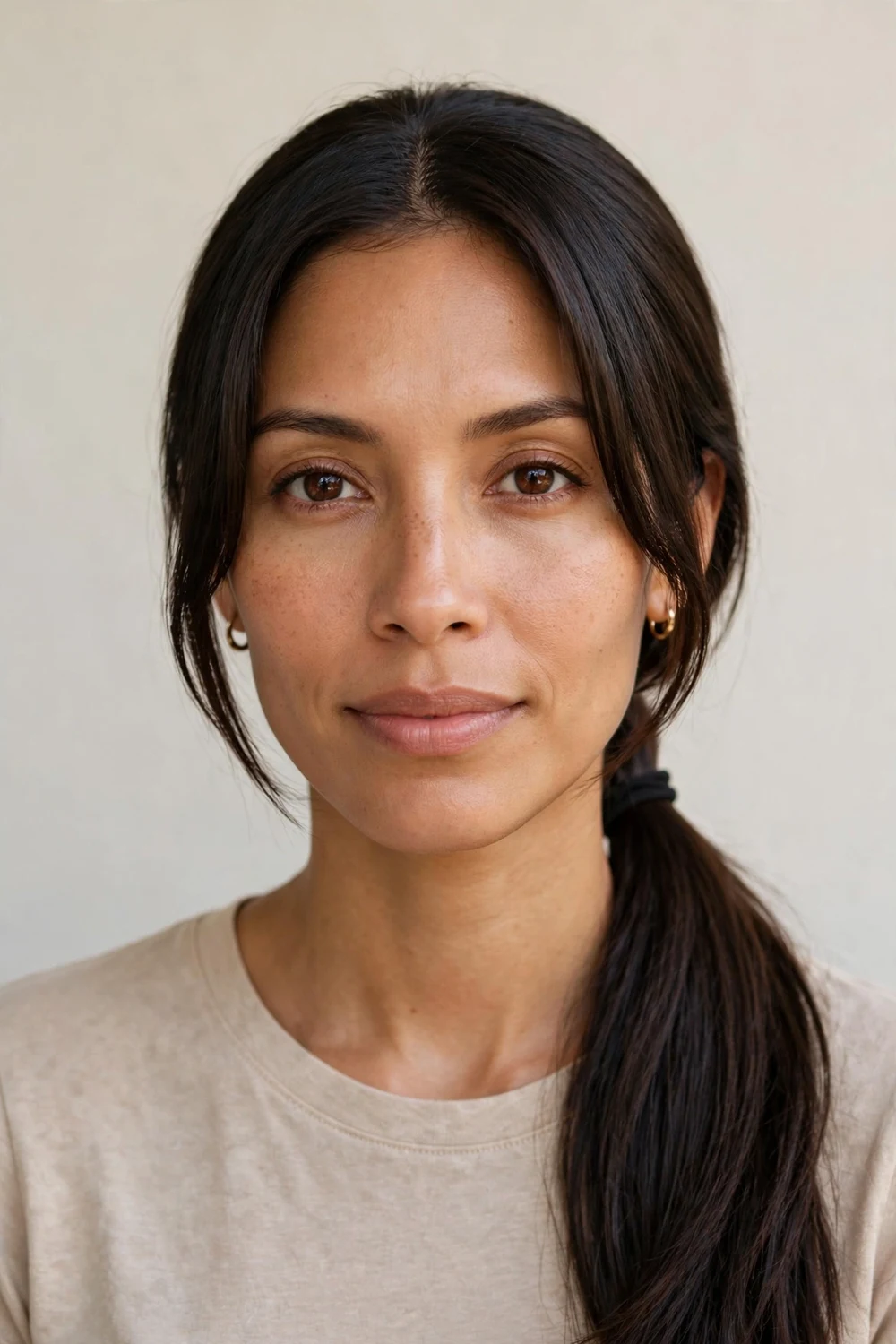 Latina woman in her early thirties with an oblong face and long hair in a low ponytail with curtain bangs