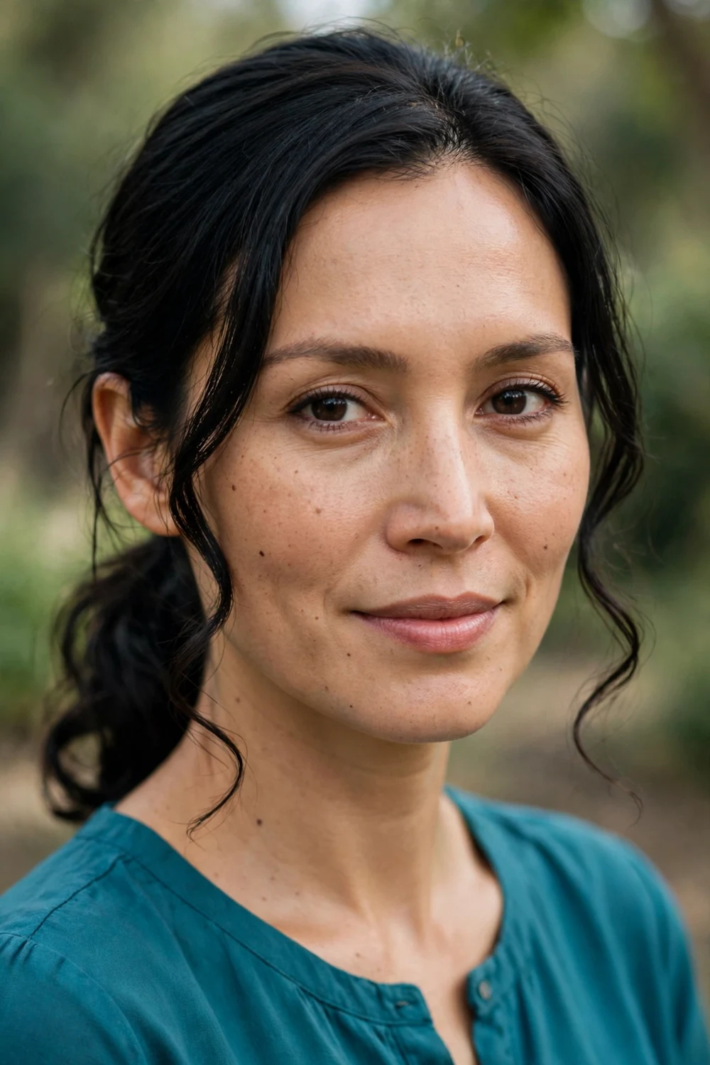 Woman with a long oval face wearing a low ponytail at the nape with curled tendrils framing the face