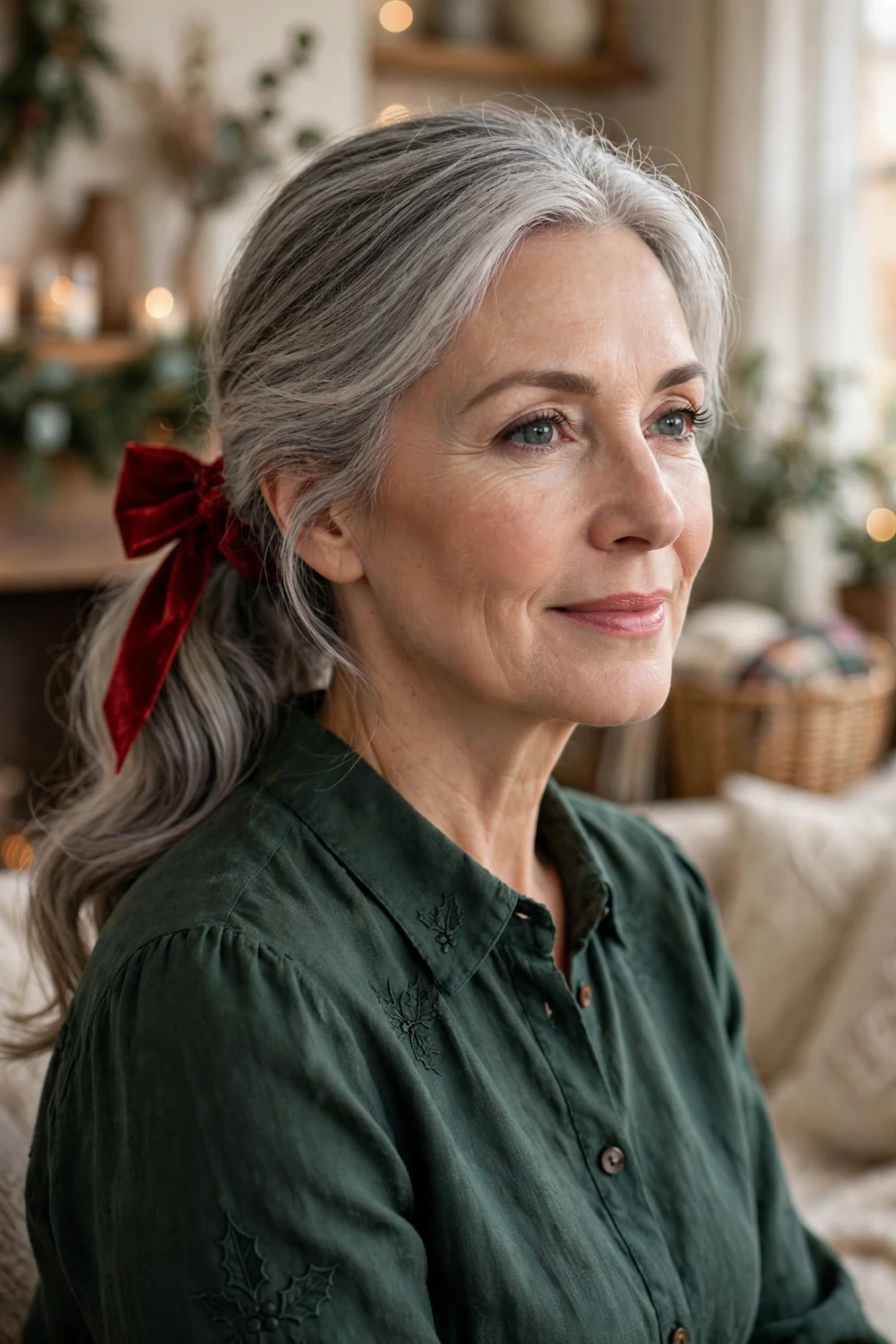 Woman with low ponytail with soft waves and red velvet bow