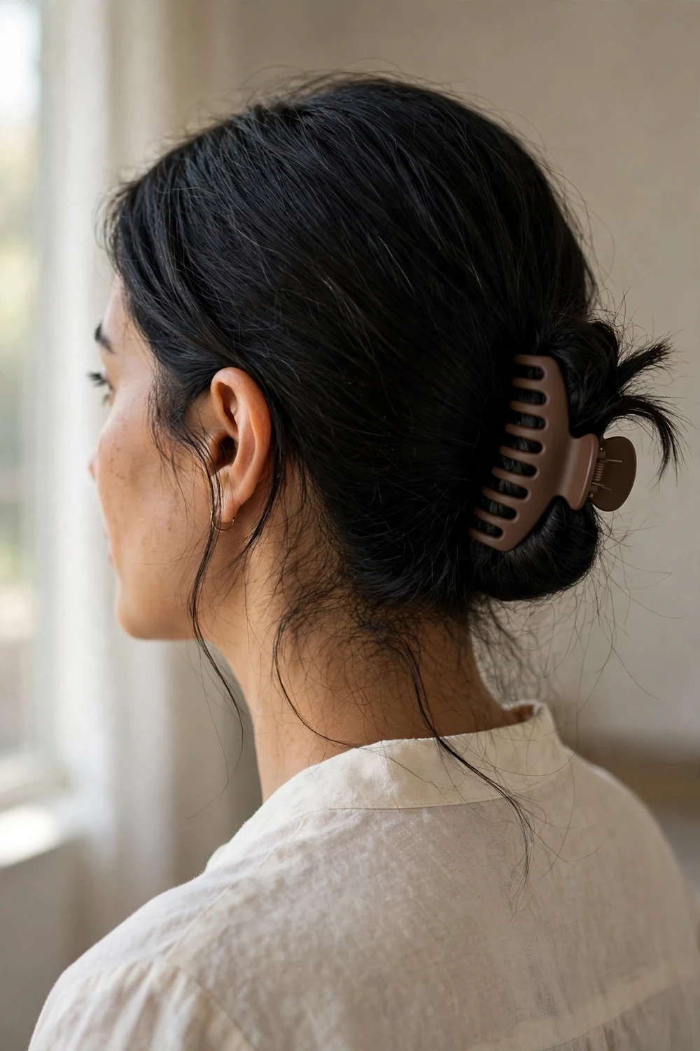 Low side bun with matte brown claw clip on thin fine black hair
