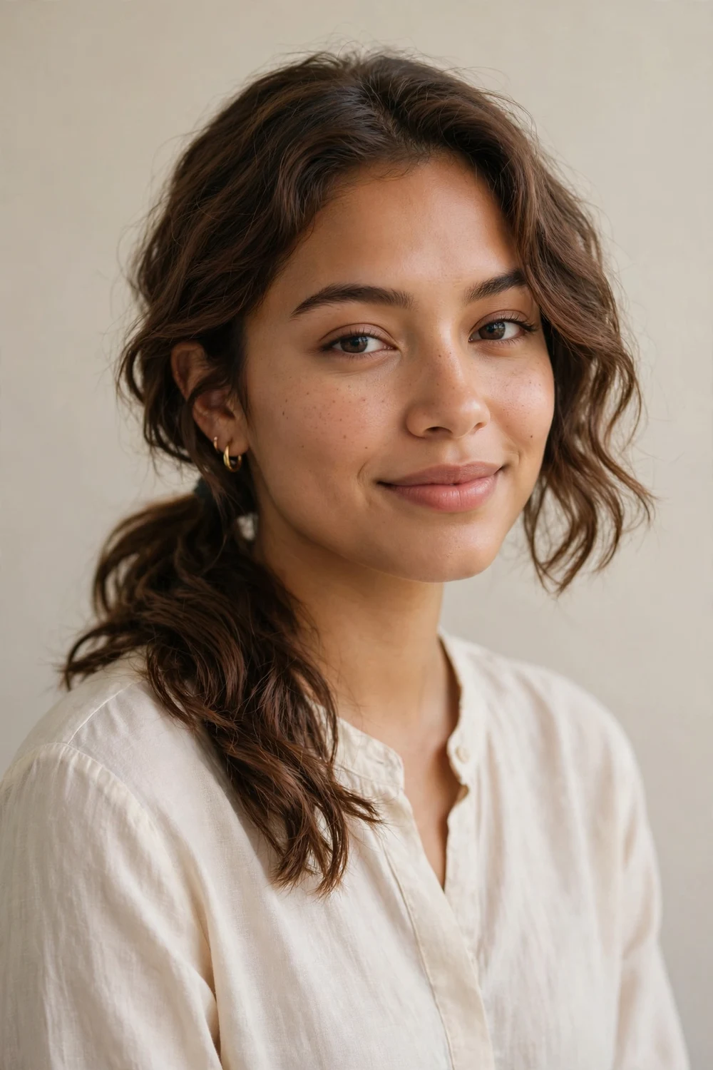 Latina woman in her twenties with a brown wavy bob gathered into a low side ponytail