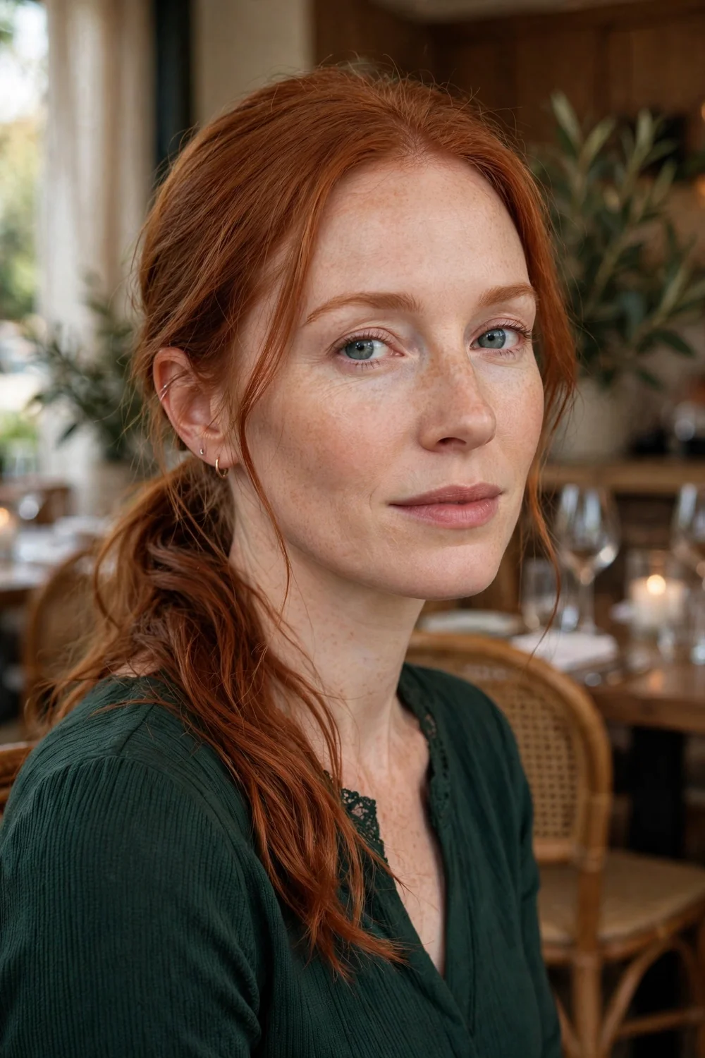Woman with a low side ponytail hairstyle on thin hair