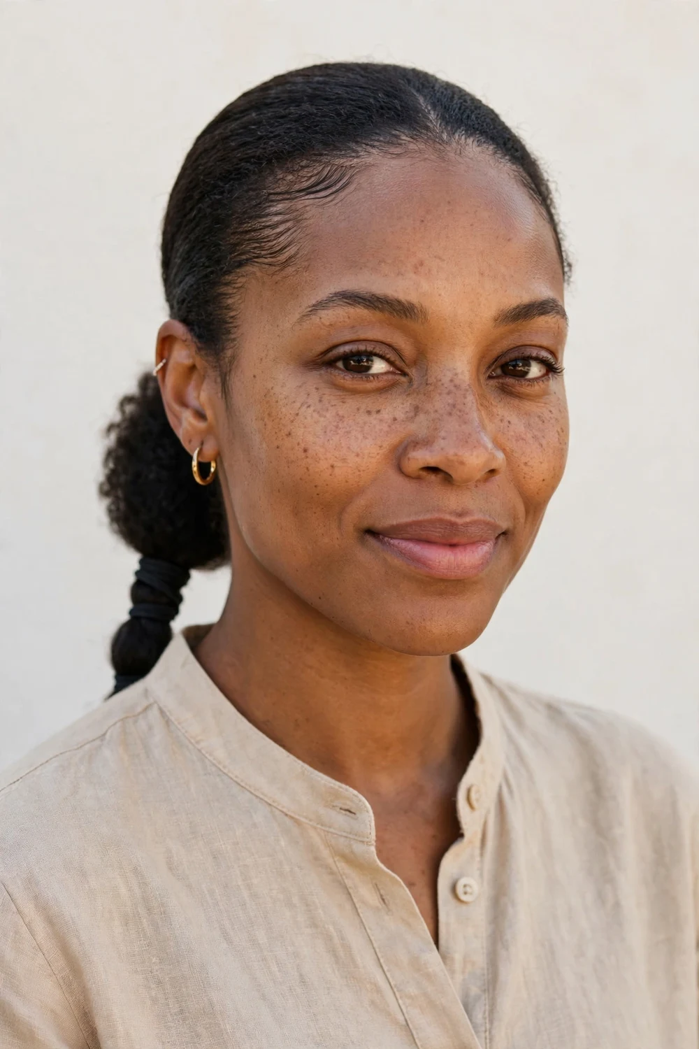 Black woman with natural hair gathered into a low sleek ponytail
